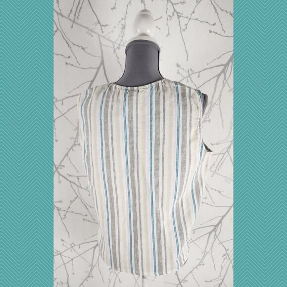 Ellen Tracy White Striped 100% Linen Tie Front Tank - Picture 3 of 4
